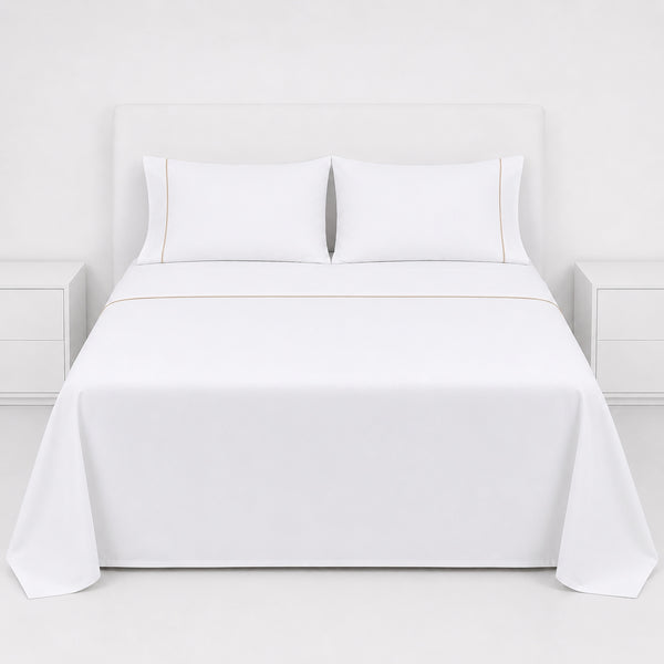 Juego De Sábanas 220 Hilos Algodón Deluxe / Blanco Beige Arlin