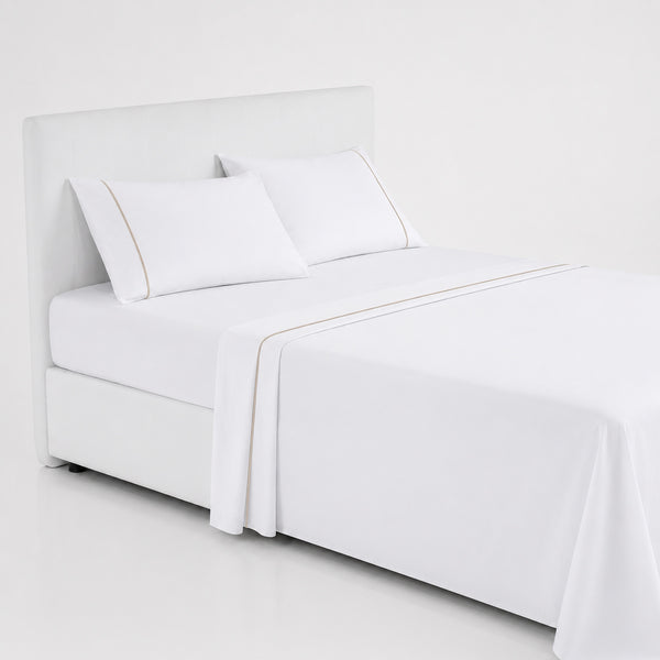 Juego De Sábanas 220 Hilos Algodón Deluxe / Blanco Beige Arlin