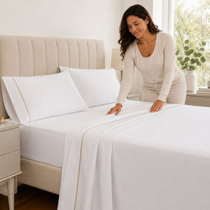 Juego De Sábanas 220 Hilos Algodón Deluxe / Blanco Beige Arlin