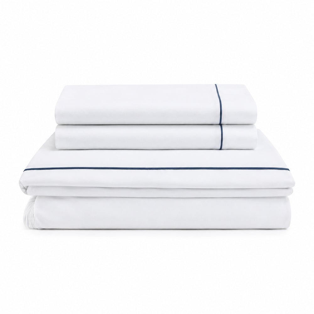 Juego De Sábanas 220 Hilos Algodón Deluxe / Blanco Azul Arlin