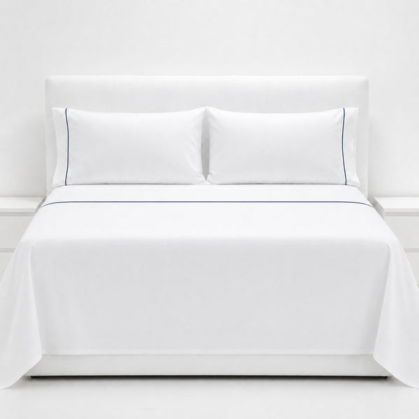 Juego De Sábanas 220 Hilos Algodón Deluxe / Blanco Azul Arlin