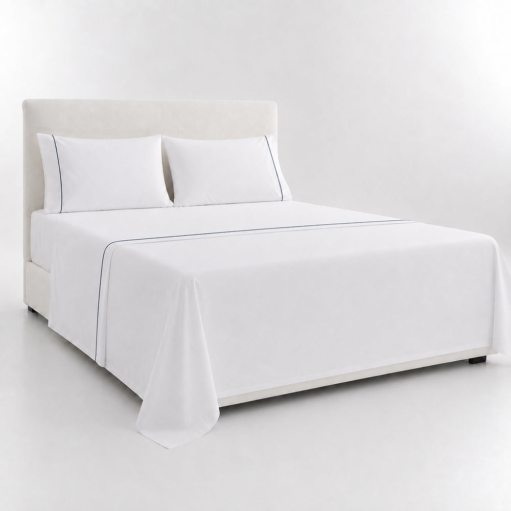 Juego De Sábanas 220 Hilos Algodón Deluxe / Blanco Azul Arlin