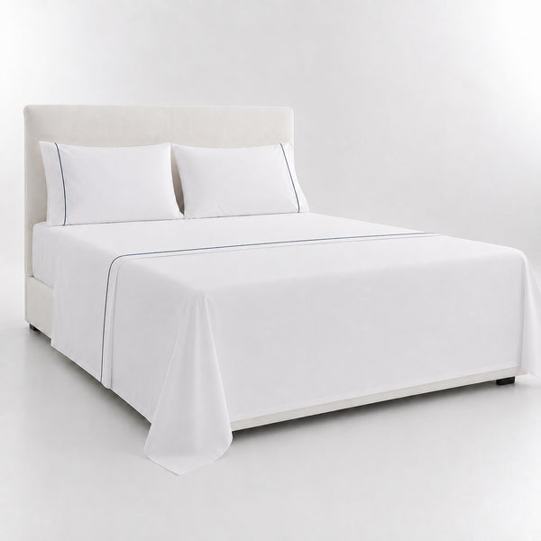 Juego De Sábanas 220 Hilos Algodón Deluxe / Blanco Azul Arlin