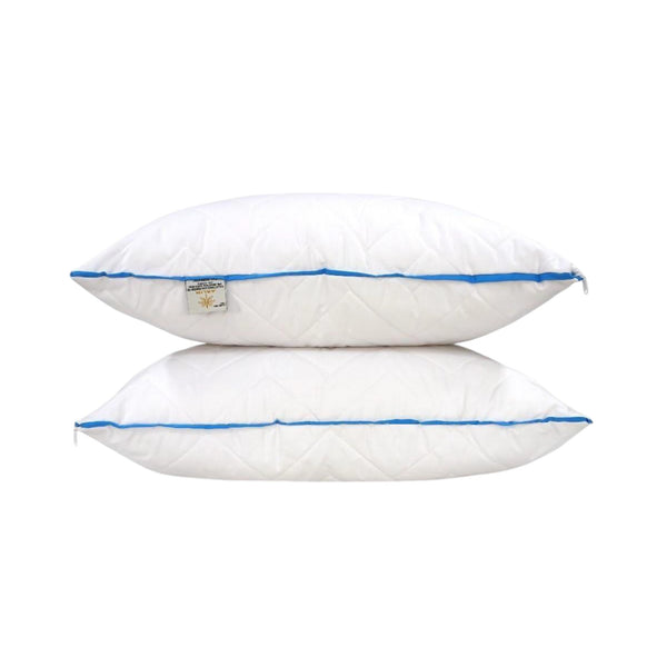 Almohada ARLIN Soñare blanca de 150 hilos con diseño acolchado en zigzag y ribete azul, rellena de napa premium.